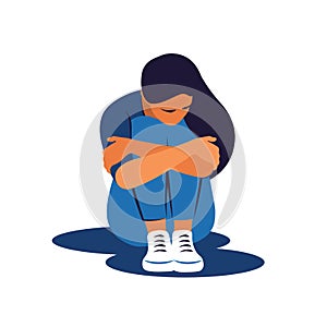 Depression woman sit on the floor and hugging her knees. Young woman confused. Anxiety disorder. Vector illustration