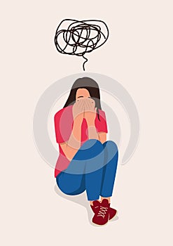 Depression young woman sit on floor with scribble symbol on her