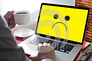 Depressive emotions concept, smiley face emoticon printed depr