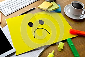 Depressive emotions concept, smiley face emoticon printed depr