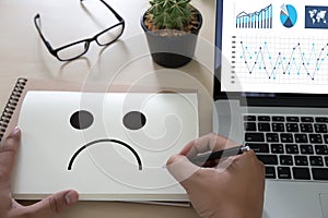 Depressive emotions concept, smiley face emoticon printed depr