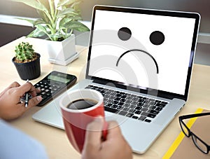 Depressive emotions concept, smiley face emoticon printed depr