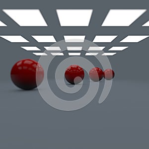 Depth of field four red shining glossy balls lined in perspective in studio with lights and shadows