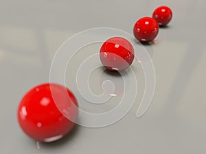 Depth of field four red shining glossy balls lined perspective studio lights shadows white reflection specular