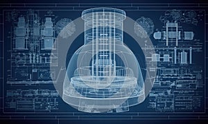 In-depth technical drawing of nuclear power plant displayed in an informative blueprint. Creating using generative AI tools