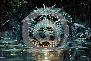 Within the depths of a murky swamp, a massive alligator lurks with silent menace, Generative AI