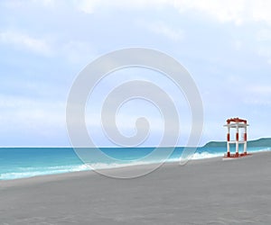 Der-Yen beach, seascape of sand and rock beach with blue sky and lighthouse in Hualien, Taiwan