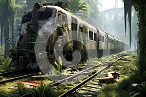 derailed train car with nature reclaiming the area