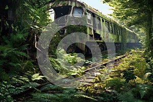 derailed train car with nature reclaiming the area photo