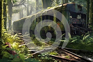 derailed train car with nature reclaiming the area photo