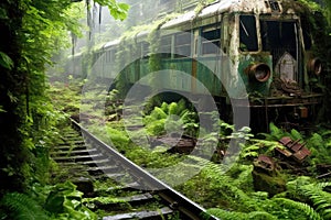 derailed train carriages overtaken by nature and wildlife