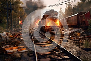 derailment scene with twisted metal and debris