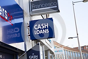 Derby, Derbyshire, UK: October 2018: Cash Loans sign H&T Pawnbrokers