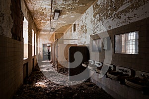 Derelict Bathroom with Sinks + Poop - Abandoned Creedmoor State Hospital - New York