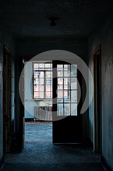 Derelict Blue Hospital Hallway + Open Door + Windows - Abandoned Mayview State Hospital - Pennsylvania