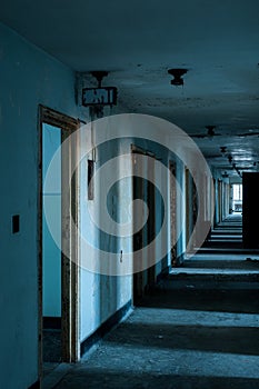 Derelict Blue Hospital Hallway + Open Doors - Abandoned Mayview State Hospital - Pennsylvania