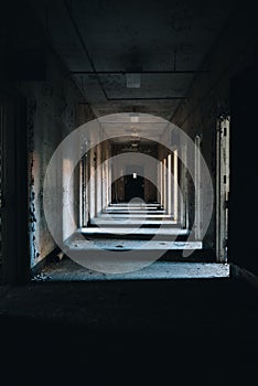 Derelict & Dark Hallway with Open Doors - Abandoned Central Islip State Hospital - New York