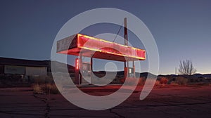 A derelict gas station its neon sign flickering in the darkness offers a glimmer of hope in the desolate landscape. photo