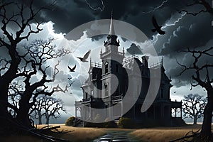 Derelict Mansion Silhouetted Against a Stormy Sky: Crows Circling its Towering Spires, Windows Aglow in Haunting Radiance