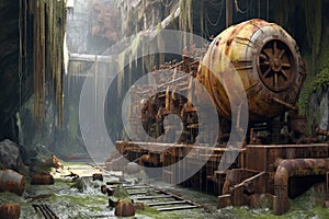 derelict mine machinery covered in rust