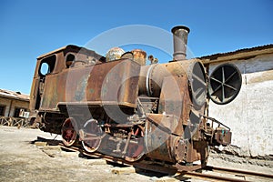 Derelict and rusting steam train in Humberstone, Chile