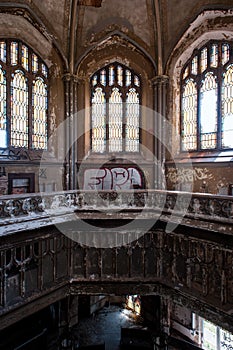 Derelict Sanctuary with Broken Gothic Stained Glass Windows - Abandoned Church - Detroit, Michigan