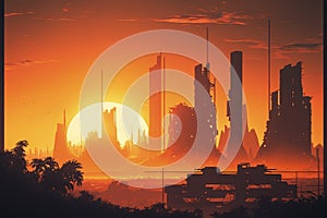 Derelict structures in futuristic metropolis during sundown, science fiction landscape