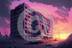 Derelict structures in futuristic metropolis during sundown, science fiction landscape