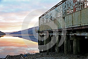 Derelict warehouse at Sunset over Loch Long