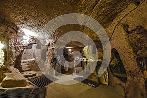 The Derinkuyu underground city is an ancient multi-level cave city in Cappadocia, Turkey.