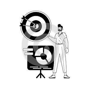 The derision with the graph . The arrow hits the prey . black and testis white linear stylus. Trendy style, Vector photo