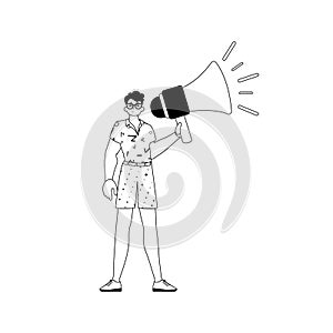 The derision is holding a bullhorn . hour concept . bootleg and lacuna analogue hit. Trendy style, Vector Illustration