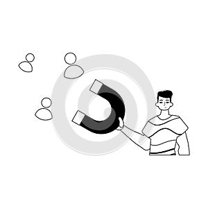 The derision is holding a pull poster that attracts topic . hour concept . Black and ashen linear stylus. Trendy style photo