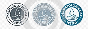 Dermatologically tested hand and drop icon, vector logo. Antibacterial alcohol or medical wash label, dermatology test safe proven photo