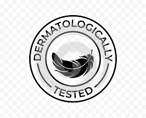 Dermatologically tested icon, hypoallergenic skincare products vector logo. Feather tag for dermatological tested moisturizer and photo