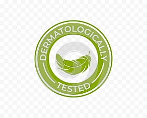 Dermatologically tested icon logo with feather, vector. Skin moisturizer and cosmetics hypoallergenic product tag, dermatology