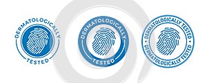 Dermatologically tested vector label, fingerprint logo. Dermatology test and dermatologist clinically proven icon for allergy free
