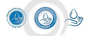 Dermatologically tested vector label with water drop and hand logo. Dermatology test, dermatologist clinically proven icon for photo