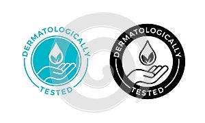 Dermatologically tested vector label with water drop, leaf and hand. Dermatology test and dermatologist clinically proven icon for photo