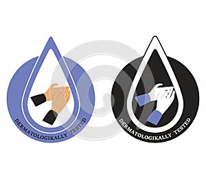 Dermatologically tested vector label with water drop, leaf and hand logo. Dermatology test and dermatologist clinically proven