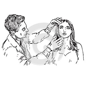 A dermatologist examines the skin of a beautiful patient`s face, hand drawn doodle, sketch