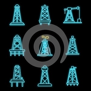 Derrick oil icons set vector neon