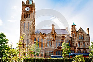 Derry, North Ireland. Aerial view of Derry Londonderry city center in Northern Ireland, UK. Sunny day with cloudy sky