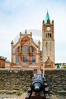 Derry, North Ireland. Aerial view of Derry Londonderry city center in Northern Ireland, UK. Sunny day with cloudy sky