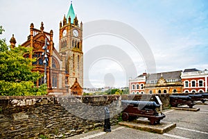 Derry, North Ireland. Aerial view of Derry Londonderry city center in Northern Ireland, UK. Sunny day with cloudy sky