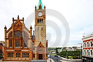 Derry, North Ireland. Aerial view of Derry Londonderry city center in Northern Ireland, UK. Sunny day with cloudy sky