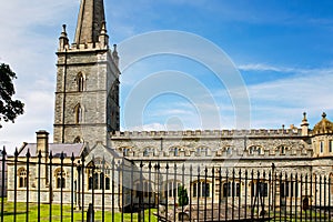 Derry, North Ireland. Aerial view of Derry Londonderry city center in Northern Ireland, UK. Sunny day with cloudy sky