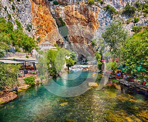 Dervish monastery or tekke at the Buna River spring in the town of Blagaj