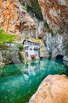 Dervish monastery or tekke at the Buna River spring in the town of Blagaj