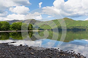 Derwent Water Lake District Cumbria England uk south of Keswick blue sky beautiful calm sunny summer day